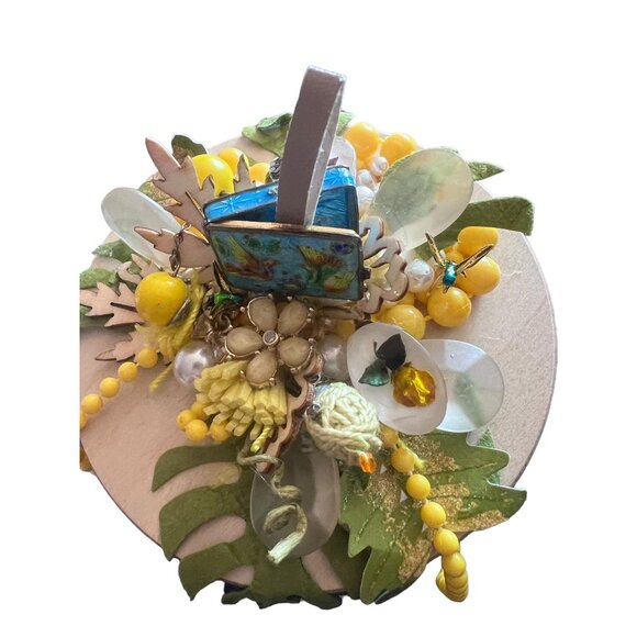 Blue Bird Upcycled Assemblage Art Upcycled Candle Holder Yellow Glass Storage - Picture 9 of 10